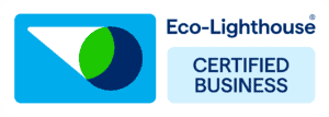 Eco lighthouse logo, in colour blue, White and green. Text: Eco lighthhouse certified business