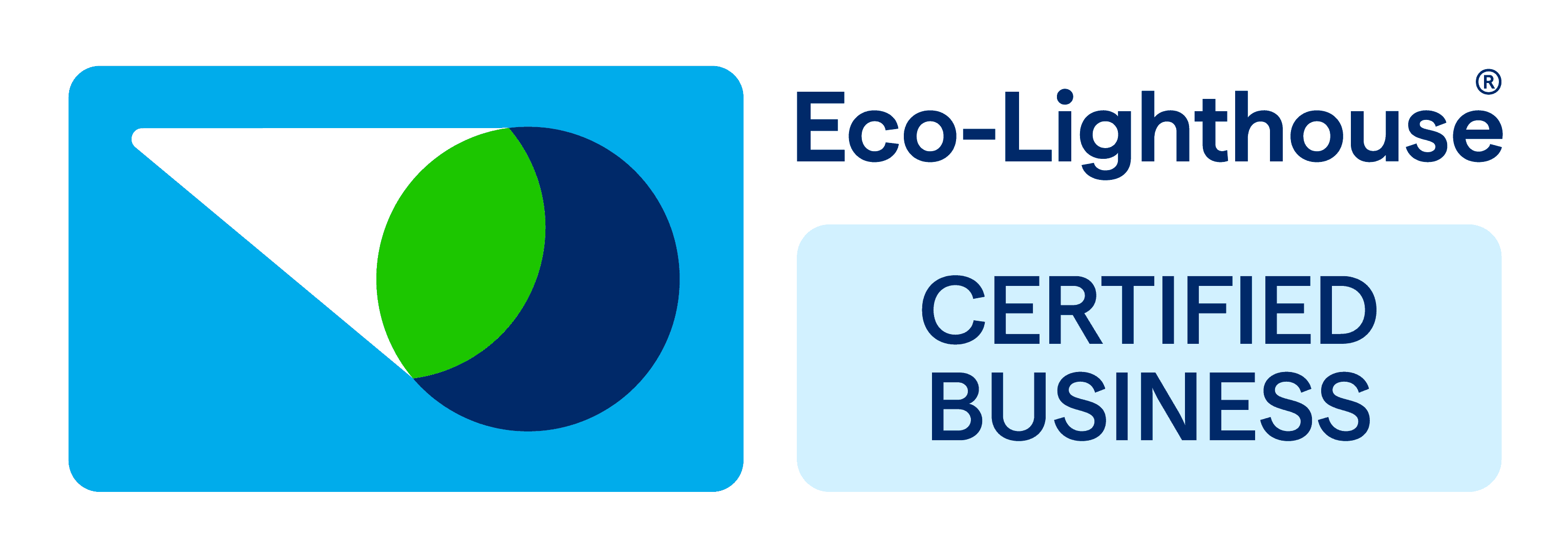 Eco lighthouse logo, in colour blue, White and green. Text: Eco lighthhouse certified business