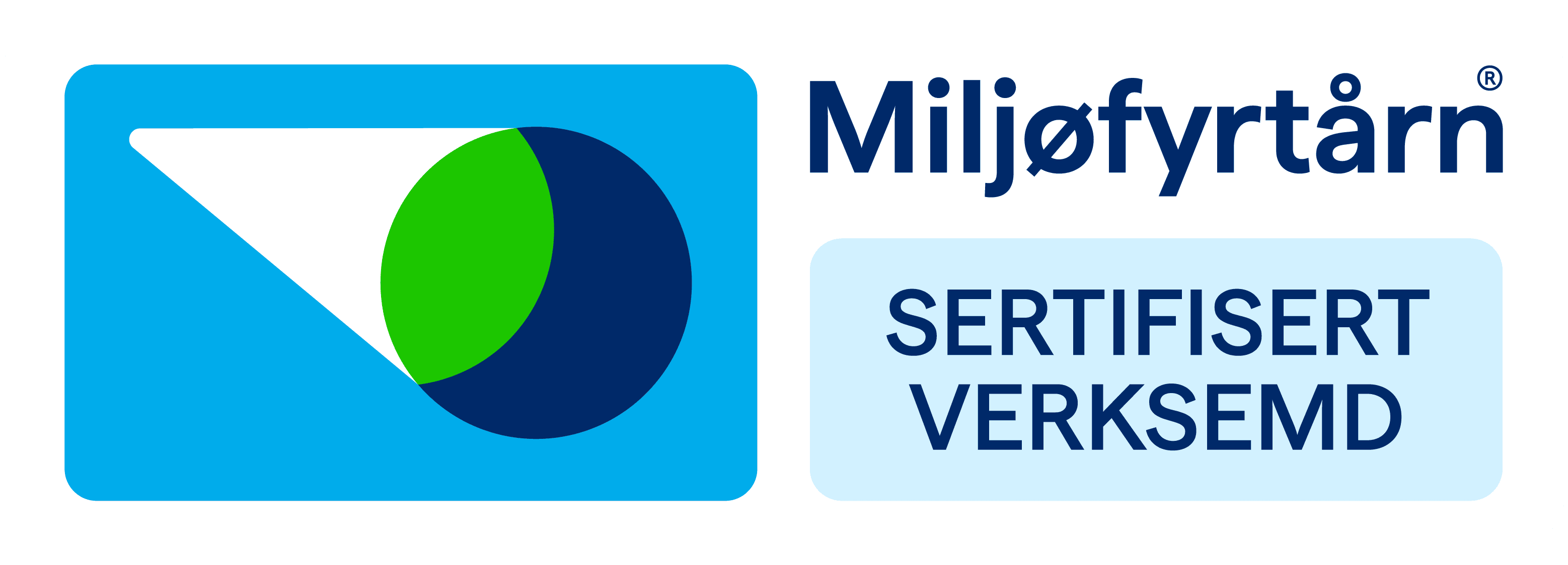 Miljøfyrtårn logo, i fargenen blå, hvit og grønn. Tekst: Miljøfyrtårn sertifisert merksemd